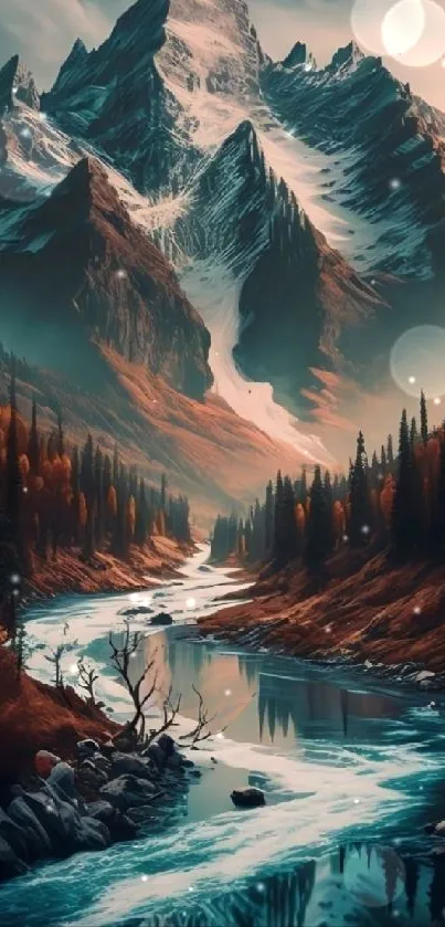 Majestic mountain view with a serene river and lush forest.