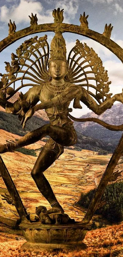 Shiva Nataraja statue in mountain landscape, artistic wallpaper.