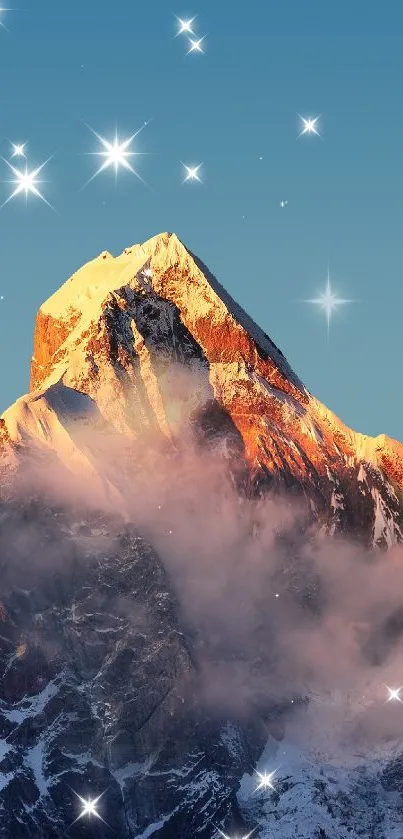 Sunlit mountain peak with starry sky background.