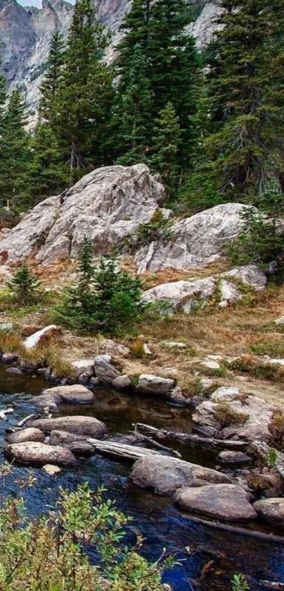 Mobile wallpaper of a tranquil mountain stream with lush greenery and pine trees.