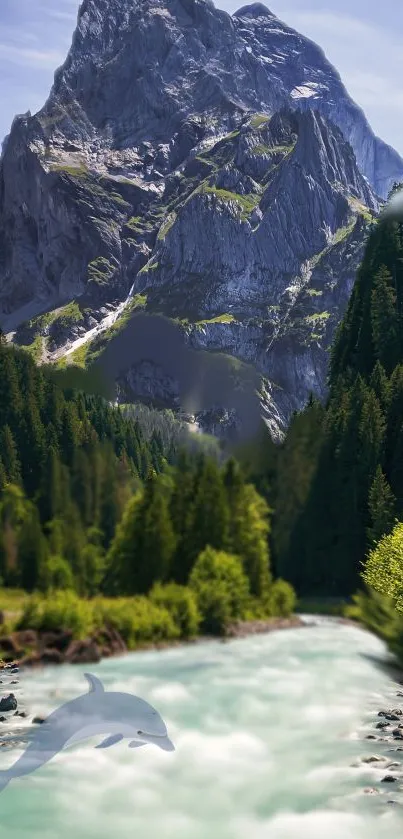 A serene mountain stream with lush forest and a rocky mountain.