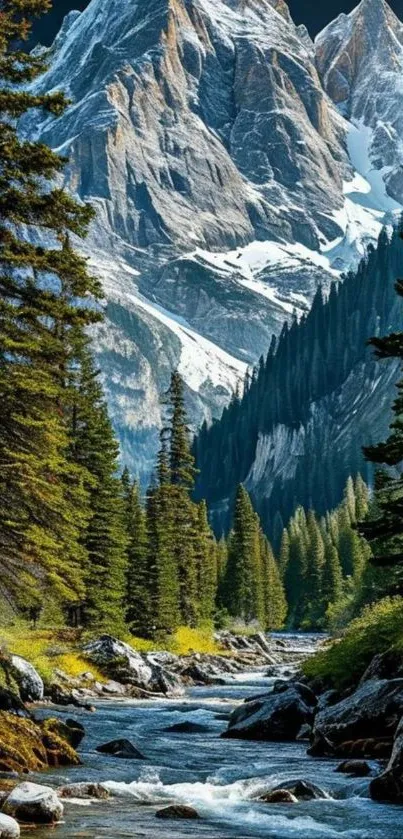 Scenic view of a mountain stream under towering peaks.
