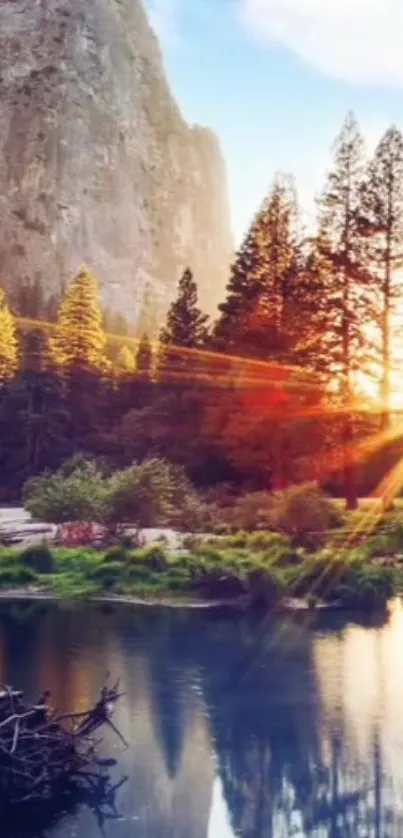 Stunning mountain sunrise over a tranquil lake with pine trees.