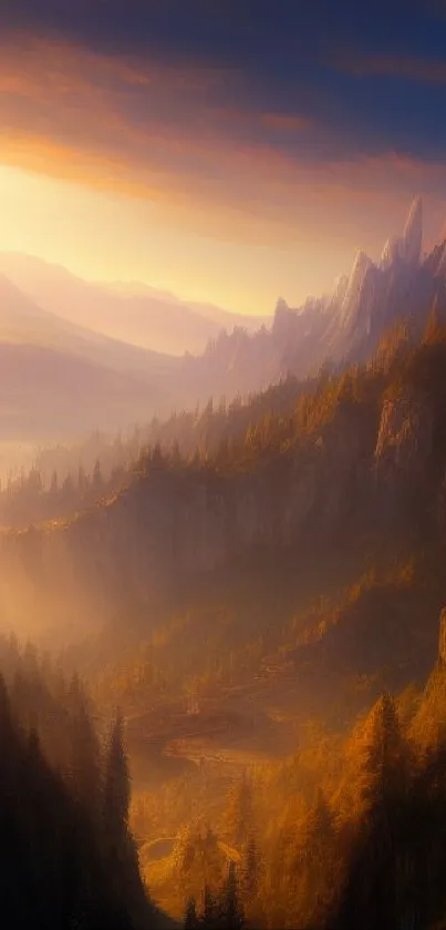 Majestic mountain landscape at sunrise with glowing golden hues.