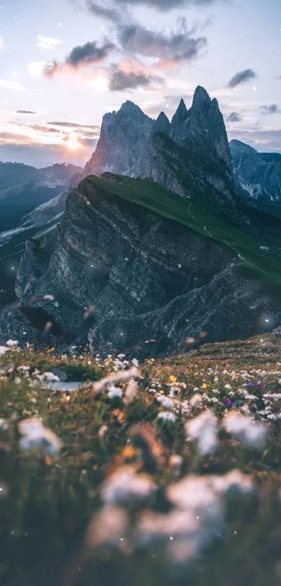 Majestic mountain at sunrise with wildflowers in foreground.