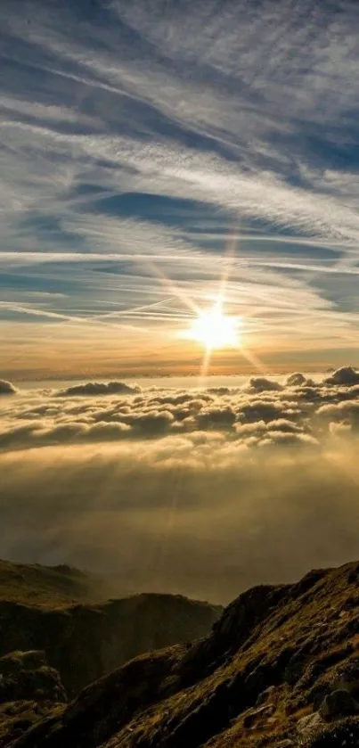 Majestic mountain sunrise over clouds, serene and inspiring view.