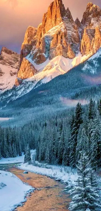 Majestic mountains at sunrise with a snowy forest and river.