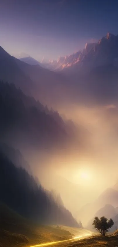 Mountain sunrise with mist and glowing peaks in morning light.