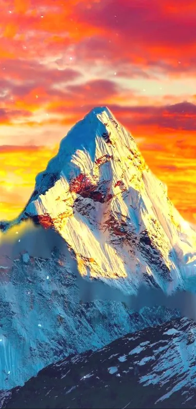 Majestic snow-capped mountain at sunset against an orange-hued sky.