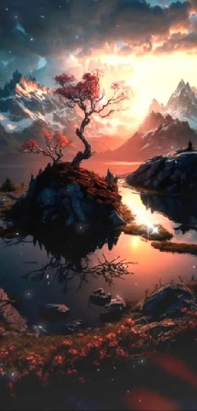 Majestic sunset over mountains with a lone tree and reflective lake.