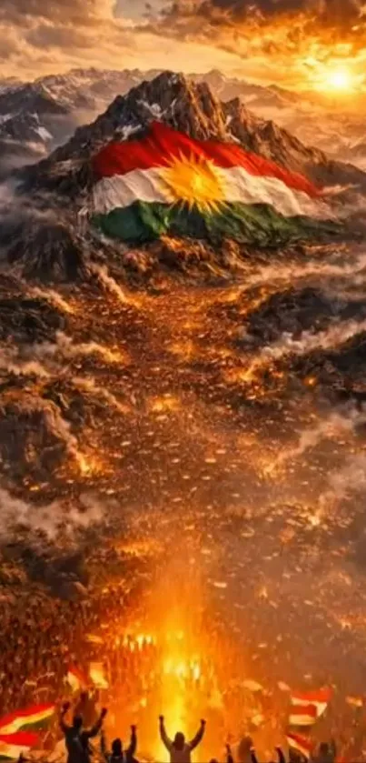 Mountain sunset with vibrant flag and fiery scene.