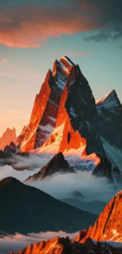 Stunning sunset-lit mountain peaks surrounded by misty clouds.