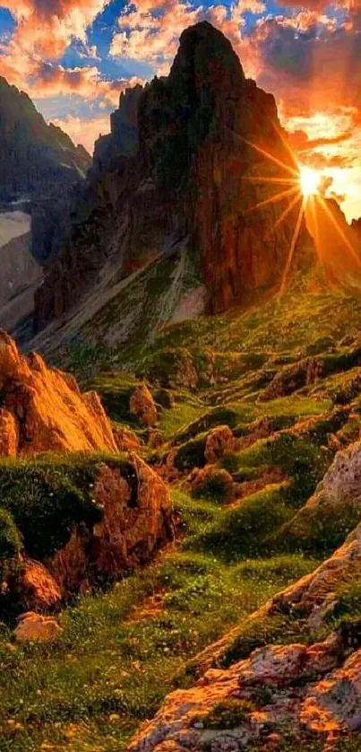 Majestic mountain sunset with vibrant landscape.