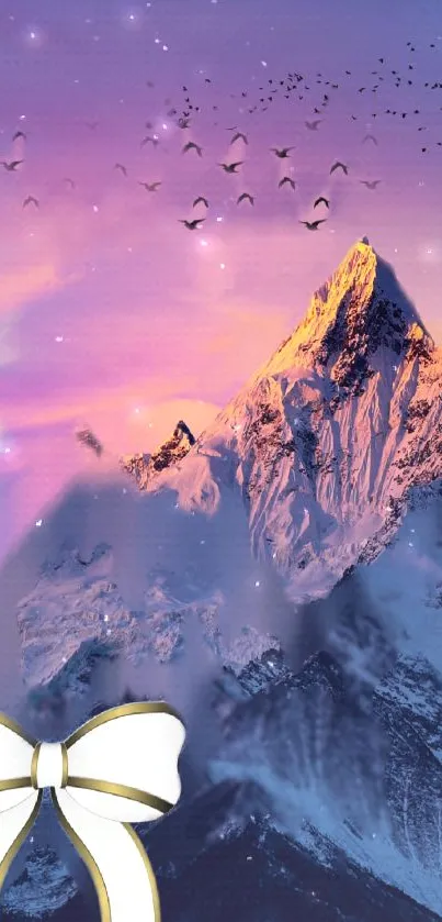 Majestic mountain at sunset with birds and purple sky.