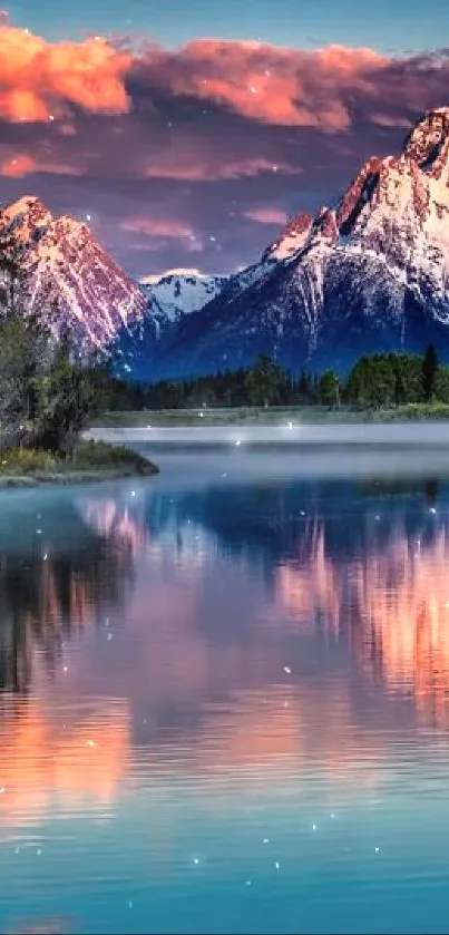 Majestic mountain reflected in sunset, calm lake view.