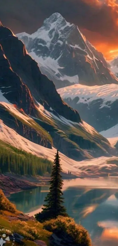 Sunset over snow-capped mountains reflected in a tranquil lake.