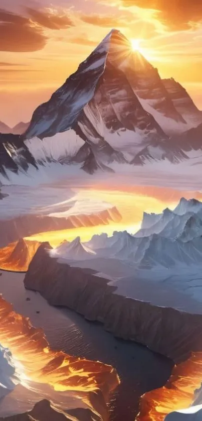 Majestic mountain peak at sunset with glowing golden hues.