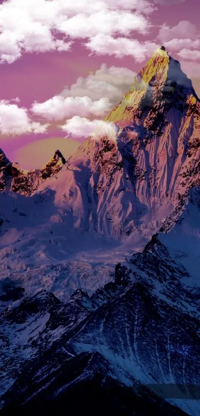 A majestic mountain at sunset with purple and pink hues in the sky.