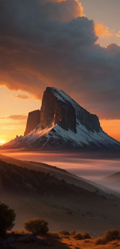 Scenic view of a mountain at sunset with orange and purple hues.