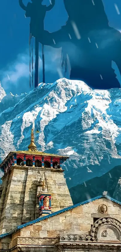 Silhouette of Shiva over temple with mountain backdrop.