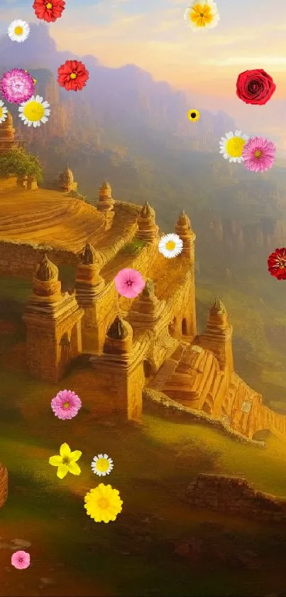 Breathtaking temple atop a golden, lush mountainside at sunset.