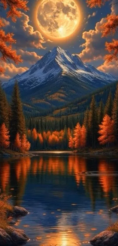 Mountain under a glowing moon with autumn colors reflected in a lake.