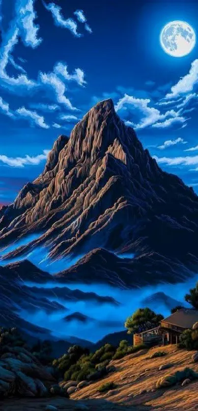 Majestic mountain landscape under a bright moonlit sky.