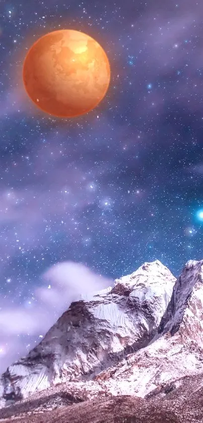 Orange moon over snowy mountain under starry night sky.