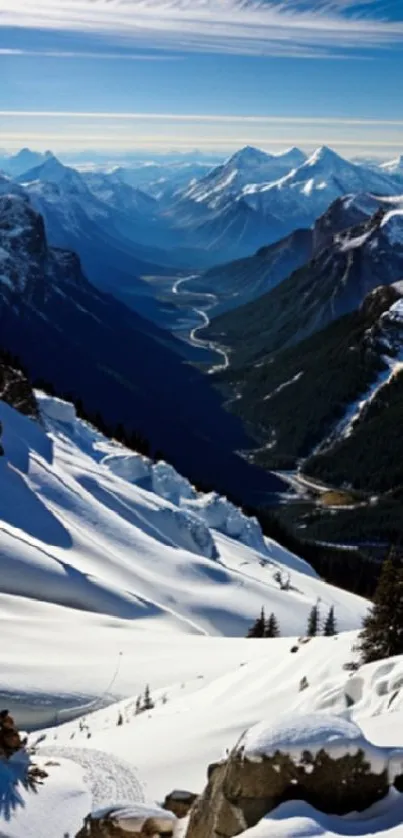 Snowy mountain valley with stunning view.