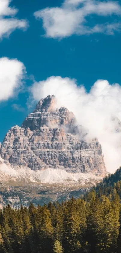 Majestic mountains with towering peaks under a vivid blue sky.