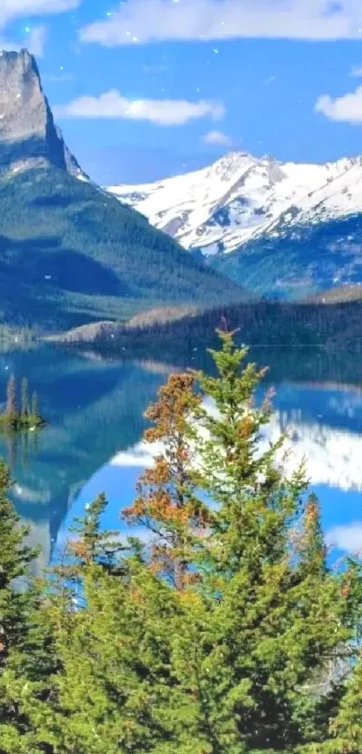 Majestic mountain view with lake reflection and forest foreground.