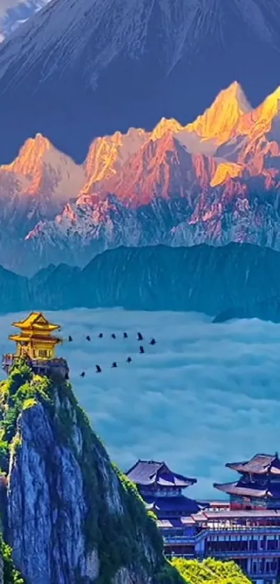 Golden pagodas on rocky cliffs with majestic mountain backdrop.