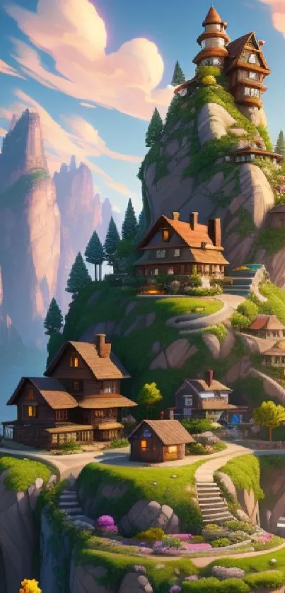 Majestic mountain village with wooden houses and dreamy sky.