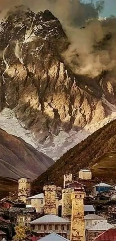 Majestic mountain and village scene with dramatic clouds.