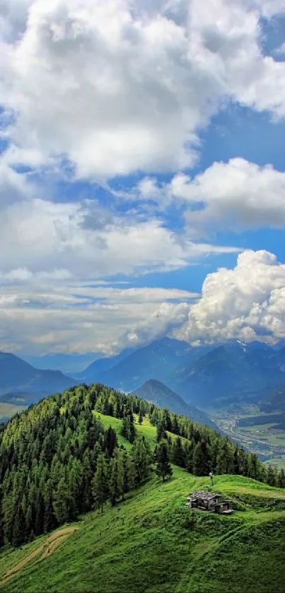 Breathtaking view of green mountains under a vast, cloudy sky.