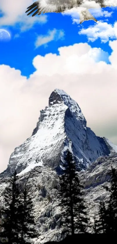 Majestic snow-capped mountain under a blue sky with an eagle soaring.