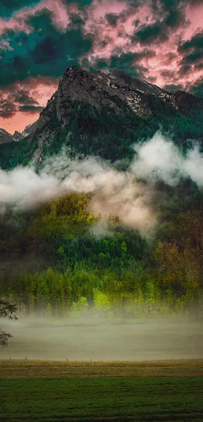 Majestic mountain landscape with vibrant green and dramatic clouds.