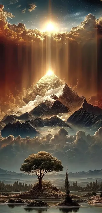 Stunning scenic landscape with mountains and sunrays.