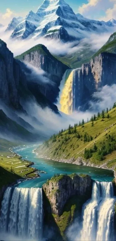 Breathtaking mountain landscape with waterfalls cascading into lush green valleys.