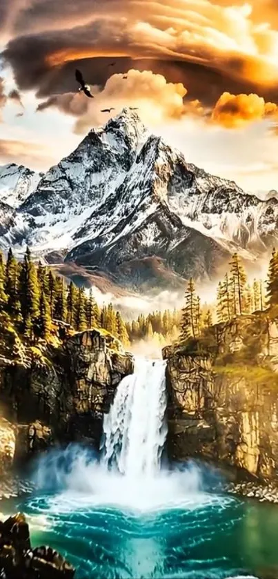 Mountain waterfall with trees and sky.