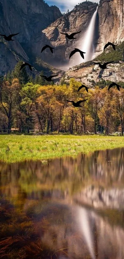 Mountain waterfall with birds and a lush green landscape.