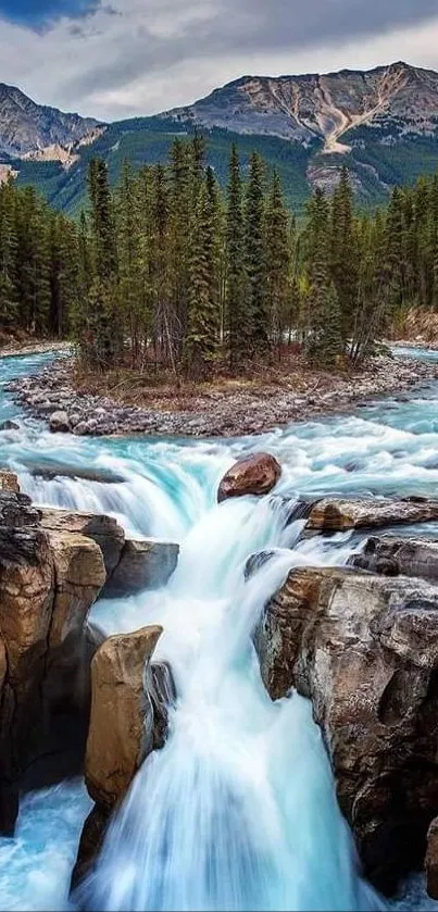 Majestic waterfall cascading between mountain and forest scenery.