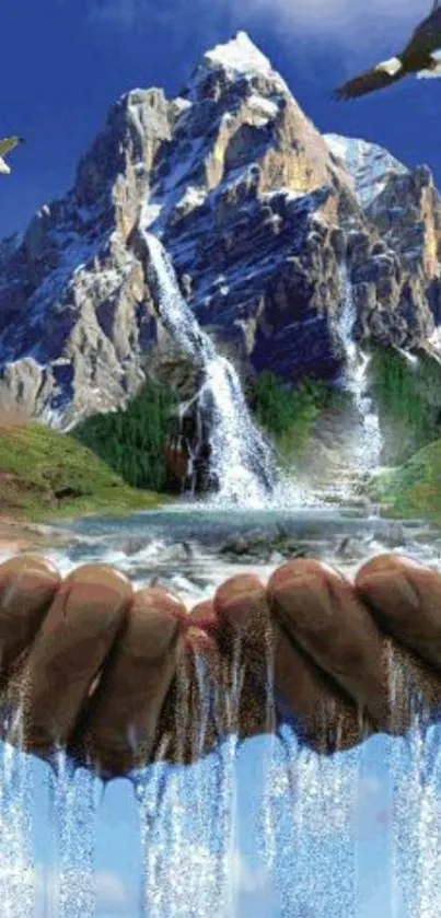 Mountain and waterfall with eagles flying majestically