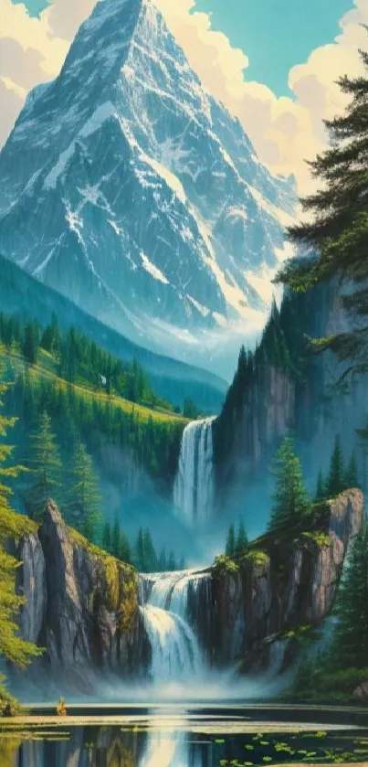 Majestic mountain and cascading waterfall in vibrant nature setting.