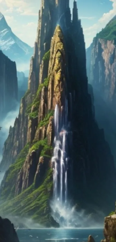 Majestic mountain with cascading waterfall surrounded by lush greenery.