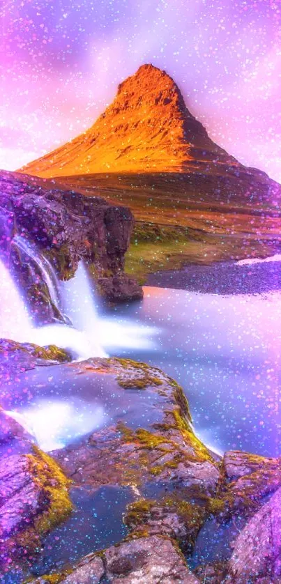 Majestic mountain with waterfall at sunset, vibrant colors.