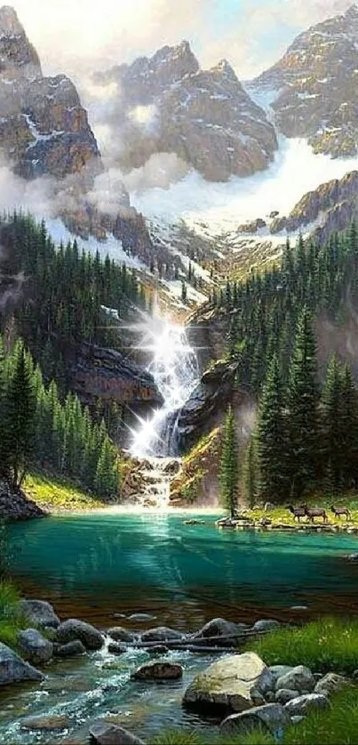 Majestic mountain landscape with waterfall and greenery wallpaper.