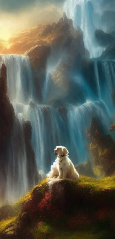 A contemplative dog sits in a stunning landscape of waterfalls and golden sunset.