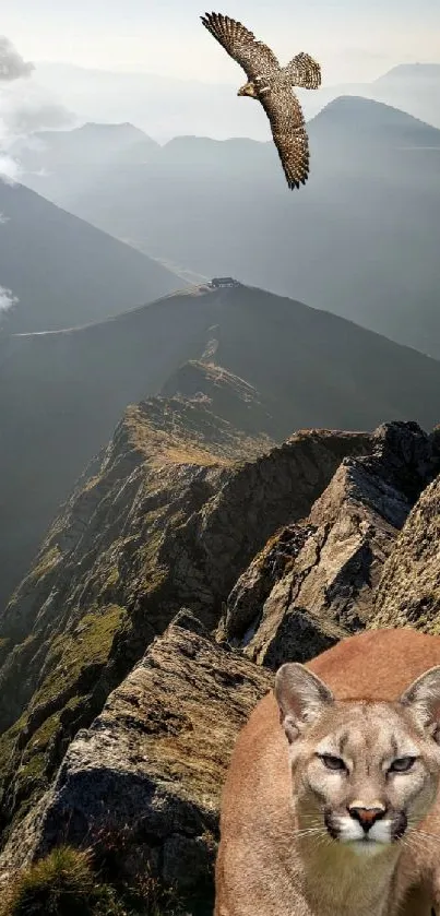 Cougar and eagle in a mountain landscape.