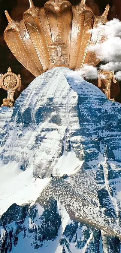 Mountain peak adorned with golden crown under a blue sky.